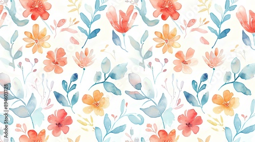 watercolor floral pattern, pastel colors, white background, cute and dreamy