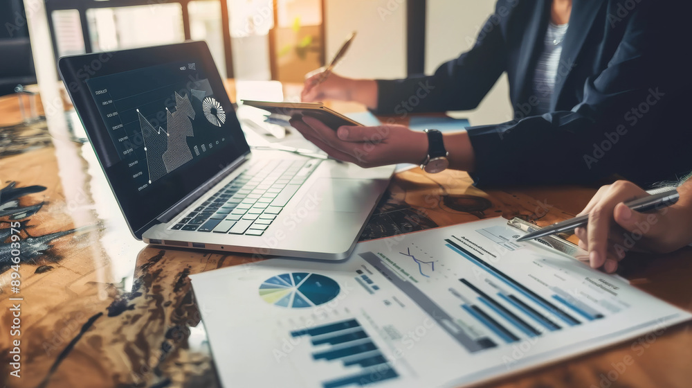 Two individuals analyzing charts and graphs on a laptop and papers in a modern office, depicting a focused business collaboration. Two individuals analyzing charts and graphs on a laptop and papers in a modern office, depicting a focused business collaboration.