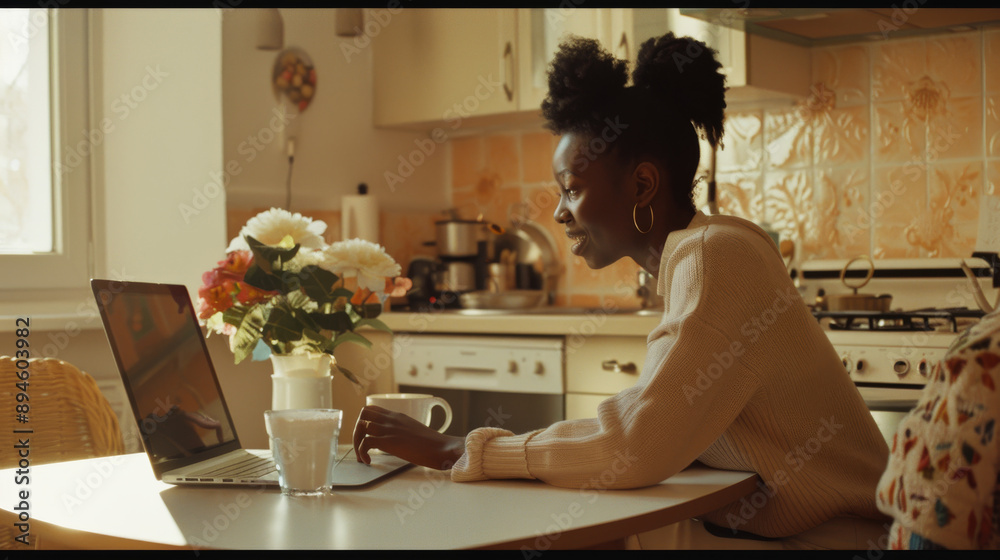 A focused woman works intently on her laptop at a sunlit kitchen table, surrounded by blooming flowers and a warm, inviting atmosphere. A focused woman works intently on her laptop at a sunlit kitchen table, surrounded by blooming flowers and a warm, inviting atmosphere.