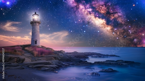 Wallpaper Mural Cliffside Lighthouse Under Starry Sky: Peaceful Night Landscape Photography Torontodigital.ca