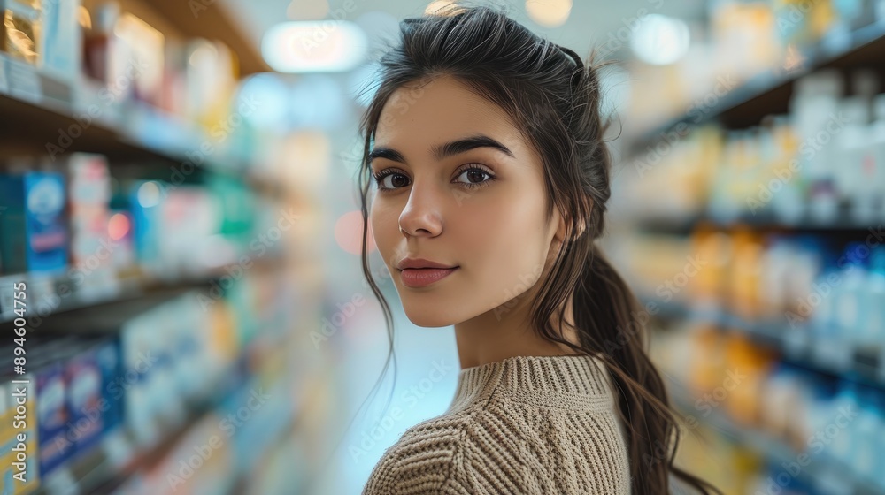 Professional Hispanic Woman in Pharmacy Reaching for Products Professional Hispanic Woman in Pharmacy Reaching for Products