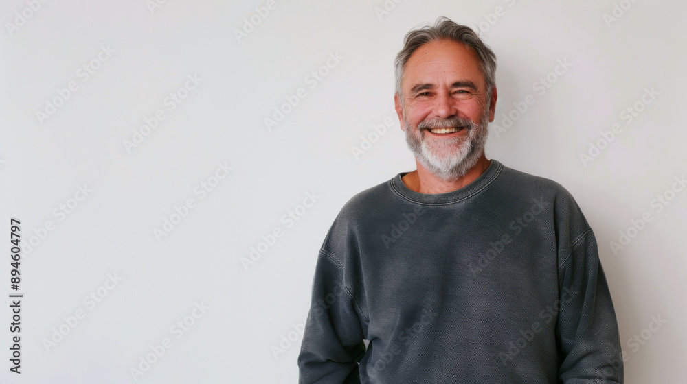 A smiling man with a gray beard, wearing a gray sweater, exudes warmth and kindness against a simple white backdrop.