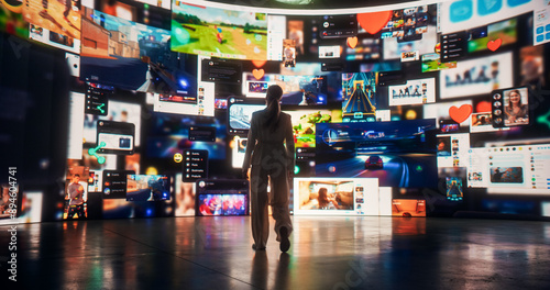 Backview Of Caucasian Woman Looking at Animated Stream Of Online Interfaces With Social Media, Fintech Services, e-Commerce Shopping, Internet Influencers And Video Games. Visualization Of Web Network photo