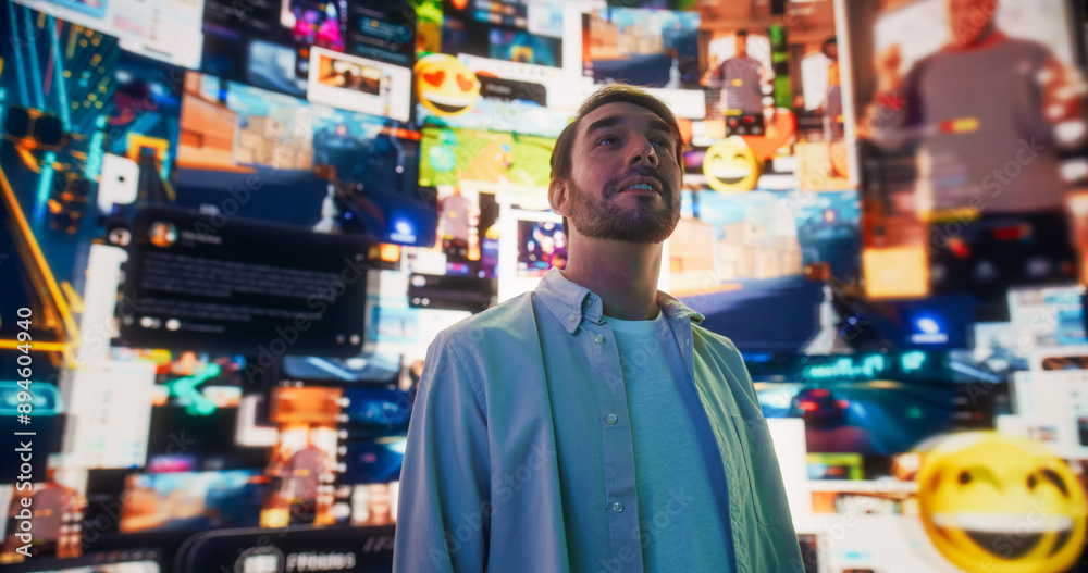 Portrait Of Caucasian Man Enjoying 3D Cyberspace With Animated Social Media Interfaces, Online Video Games, Viral Videos, Internet Content. Visualization Of Blockchain Technology Concept.