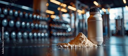 Protein Powder and Shaker Bottle in Modern Gym Setting with Dumbbells in Background photo