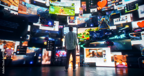 Принти на полотні Backview Of Caucasian Man Enjoying Animated Stream Of Online Interfaces With Social Media, Fintech Services, e-Commerce Shopping, Internet Influencers And Video Games