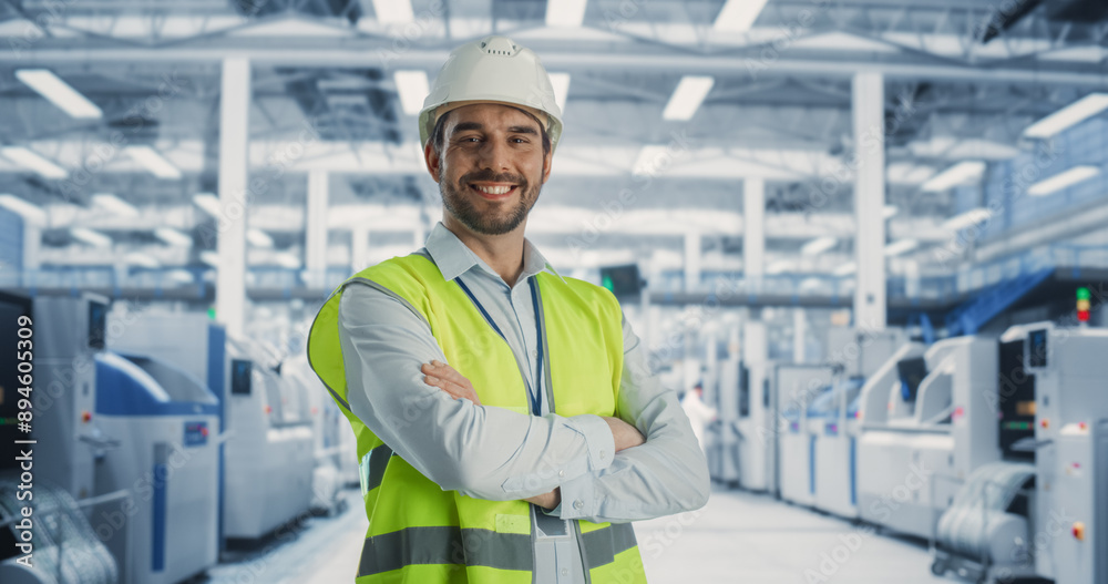 Portrait of Adult Caucasian Male Production Supervisor Looking at Camera And Smiling. Technician in a Hardhat And Reflective Jacket at an Industrial Factory with Heavy Machinery Producing Electronics.