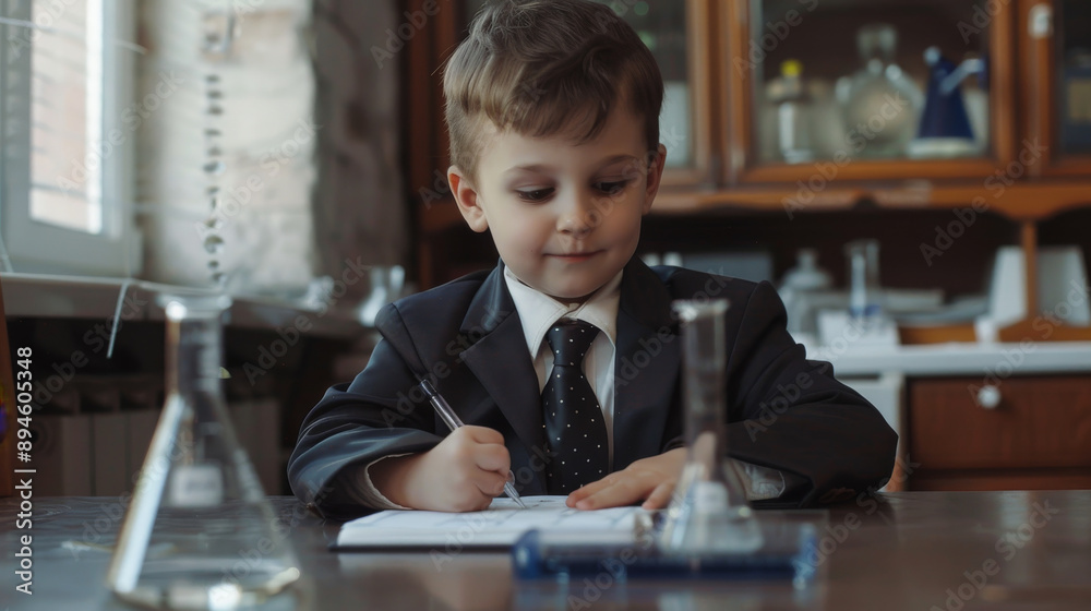 A young boy in a suit enthusiastically writing in a notebook, surrounded by science equipment in a lab setting. A young boy in a suit enthusiastically writing in a notebook, surrounded by science equipment in a lab setting.