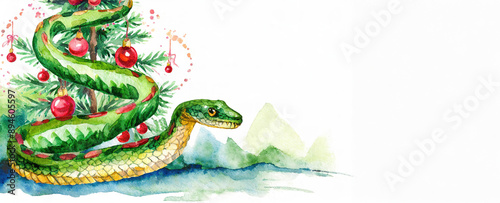 Obraz na płótnie Watercolor illustration with green snake, christmas tree and decorations. New Year's festive card Merry Christmas and happy new year 2025. w salonie