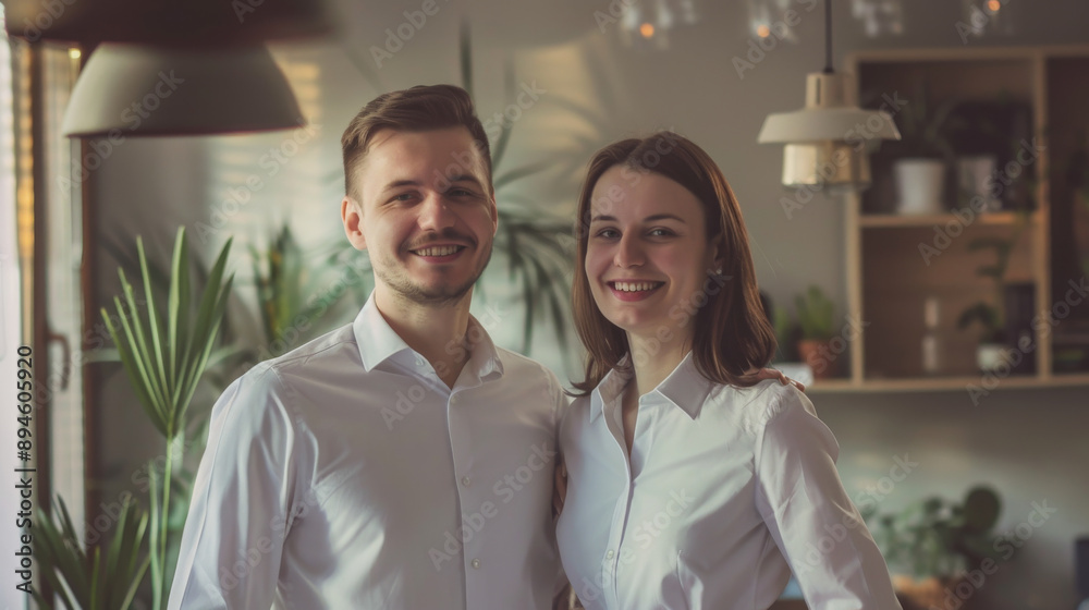 A smiling couple stands closely together in a well-lit room with green plants, wearing matching white shirts, embodying a serene and joyful moment.