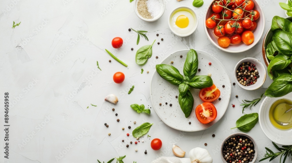 A white plate with a variety of vegetables and herbs, including basil, tomatoes A white plate with a variety of vegetables and herbs, including basil, tomatoes