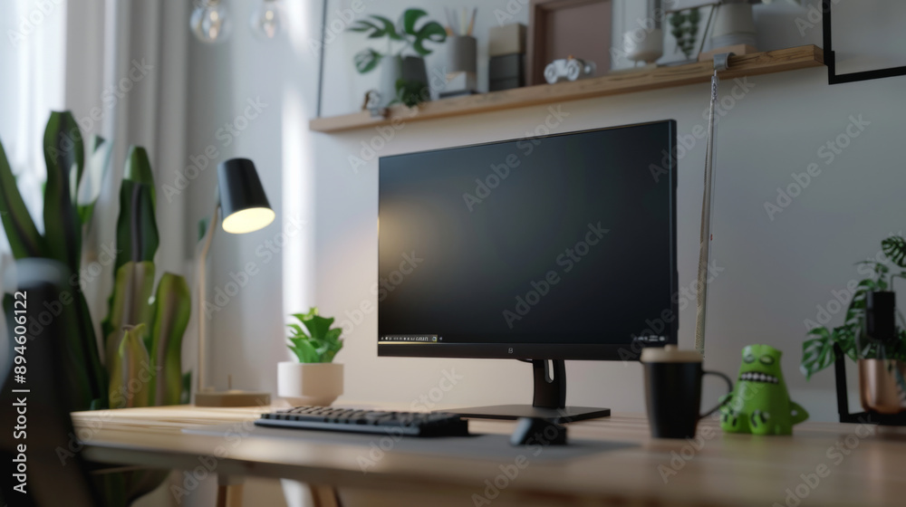 Fototapeta premium A modern home office setup featuring a sleek monitor, ambient lighting, and green plants, creating a peaceful and productive environment.