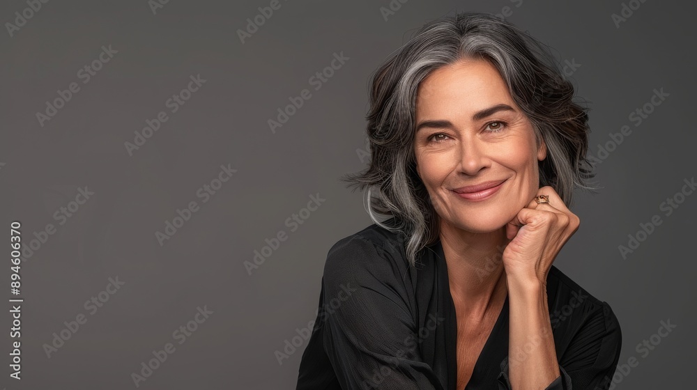 Cheerful Middle-Aged Woman in Bright Studio: Ad Shot with Copy Space for Text Overlay Cheerful Middle-Aged Woman in Bright Studio: Ad Shot with Copy Space for Text Overlay