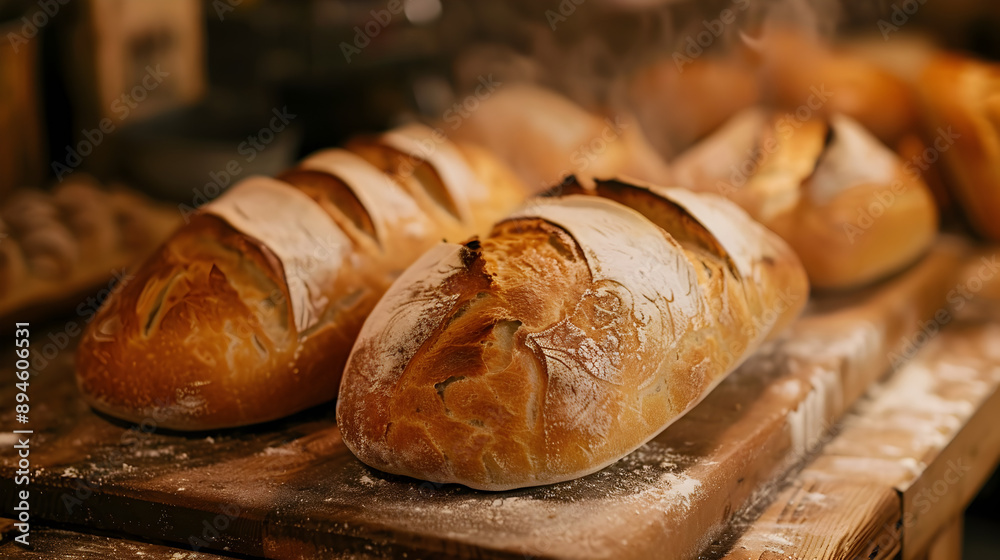 Freshly Baked Bread Loaves: A close-up shot of several loaves of rustic bread, freshly baked and still warm, sitting on a wooden kitchen counter. The image should emphasize the golden-brown crust, tex