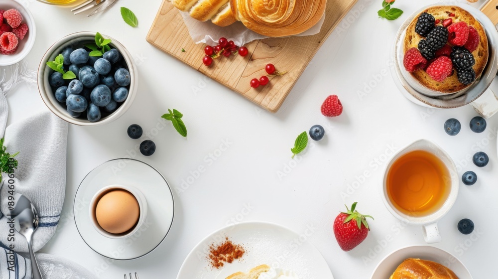 A breakfast table with a variety of food and drinks, including a plate of eggs A breakfast table with a variety of food and drinks, including a plate of eggs