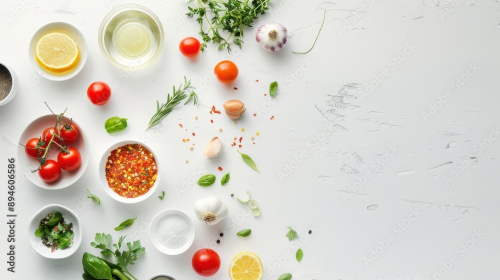 A white background with a variety of vegetables and herbs, including tomatoes A white background with a variety of vegetables and herbs, including tomatoes