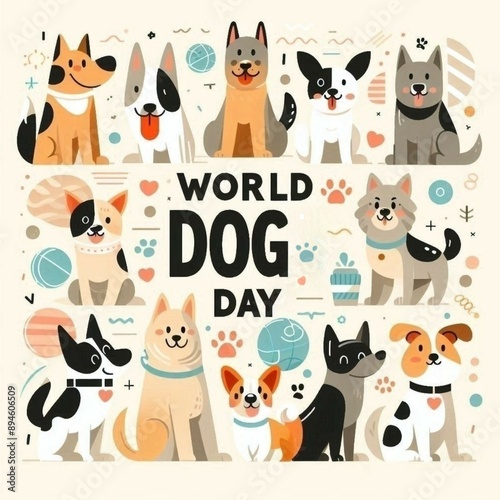 Set of cute dogs pet animal characters, hand-drawn cartoon style in poster and banner design for world dog day, International dog day concept 