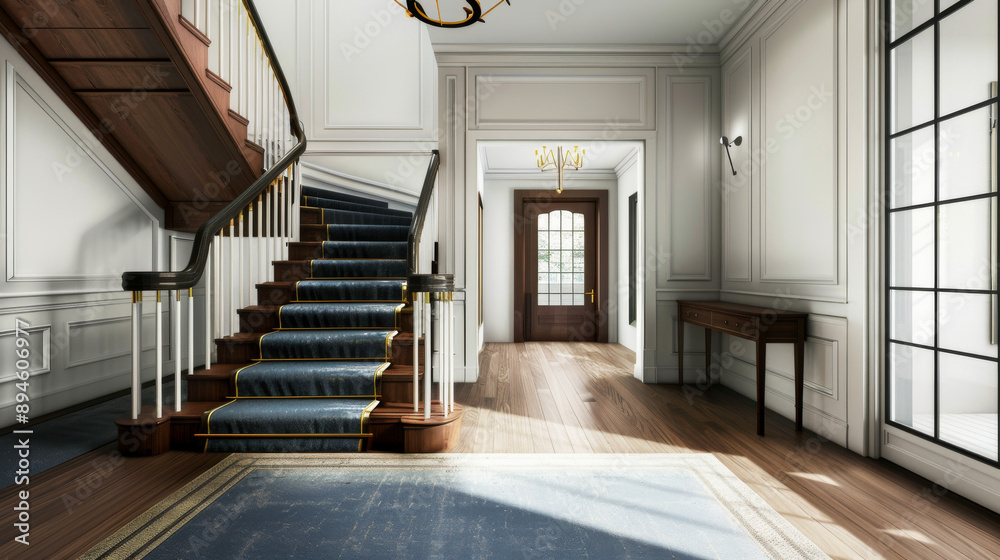 Obraz premium A classic, elegantly designed staircase with wooden handrails and blue carpet stands in a bright, spacious entrance hall, bathed in natural light.