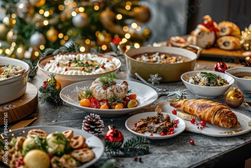 Festive table spread with delicious dishes for holiday celebrati photo