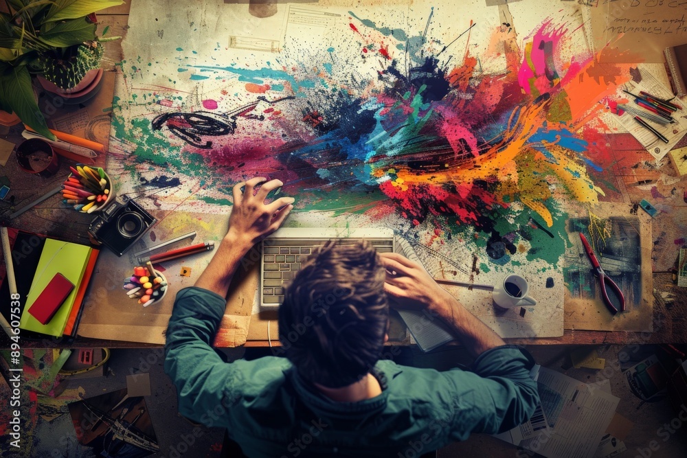 Fototapeta premium Creative Mess, Art Studio Desk, Painter, Artist, Inspiration.