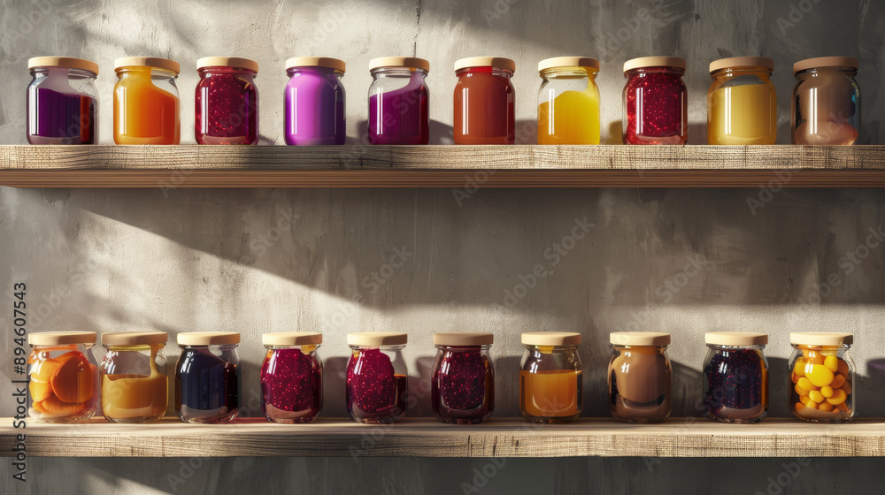 A vibrant array of glass jars filled with colorful liquids and jams is neatly arranged on wooden shelves against a textured wall, bathed in soft sunlight. A vibrant array of glass jars filled with colorful liquids and jams is neatly arranged on wooden shelves against a textured wall, bathed in soft sunlight.