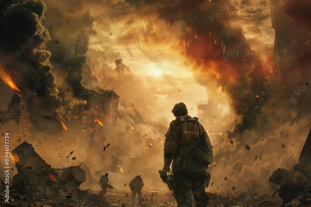 Obraz premium Soldier Walking Through Apocalyptic Cityscape.