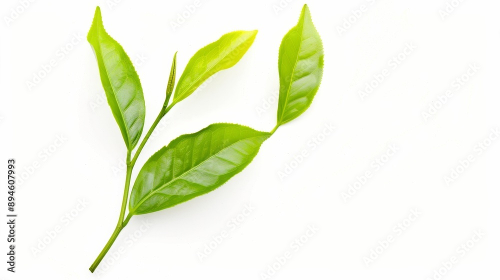 Obraz premium Fresh Green Tea Leaves on White Background