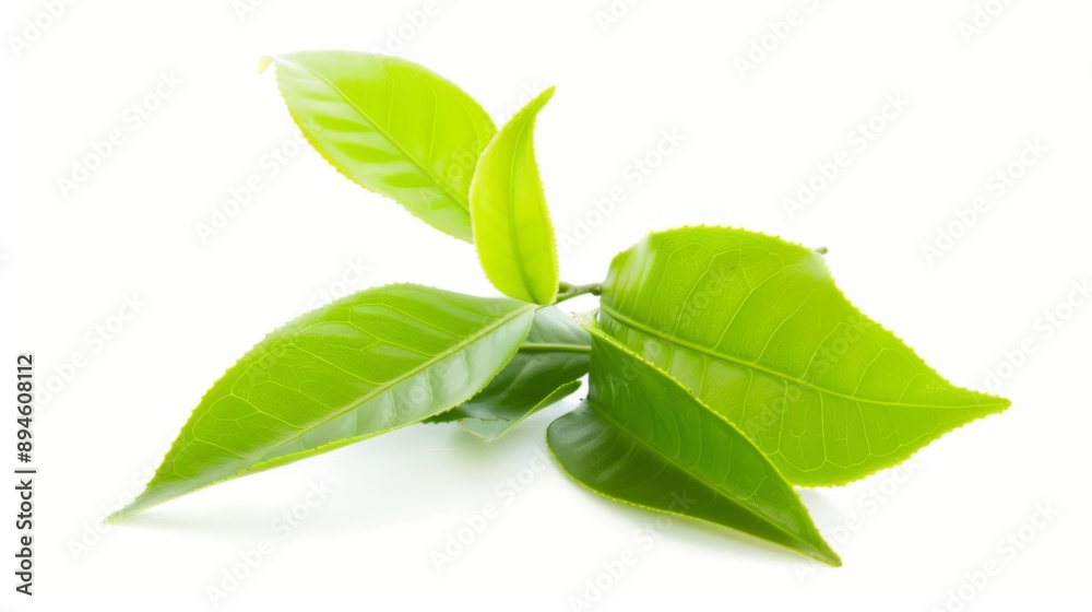 Fototapeta premium Fresh Green Tea Leaves Isolated on White Background