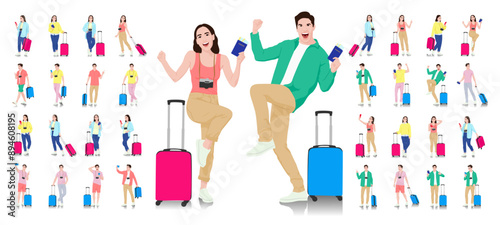 Set of young man and woman tourists with smartphones and passports and tickets. Travelers going on trip in casual clothes with a suitcase. Vector illustration set isolated on white