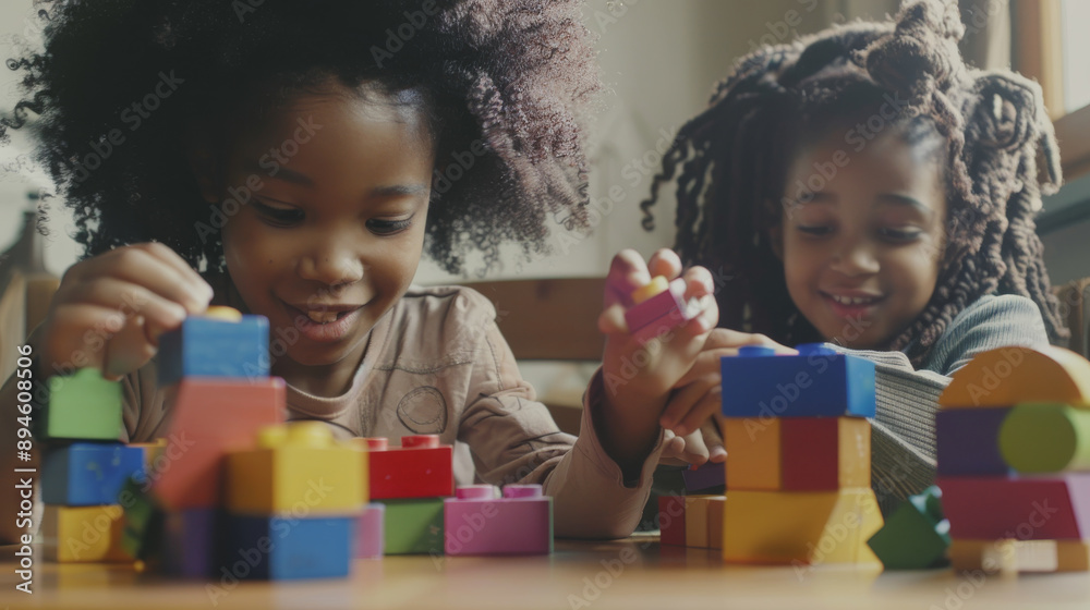 Two children enthusiastically play with colorful interlocking blocks, creating imaginative structures in a cozy, well-lit room filled with joy and creativity. Two children enthusiastically play with colorful interlocking blocks, creating imaginative structures in a cozy, well-lit room filled with joy and creativity.