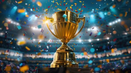 Football champion cup stands on a green grass field at a football stadium with the light of spotlights and confetti. football Cup final, Euro celebration.