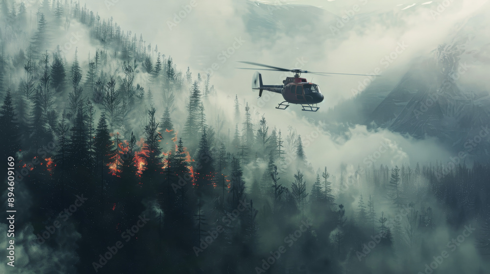 A helicopter hovers over a forest engulfed in flames and smoke, battling a raging wildfire amidst misty mountain landscapes. A helicopter hovers over a forest engulfed in flames and smoke, battling a raging wildfire amidst misty mountain landscapes.