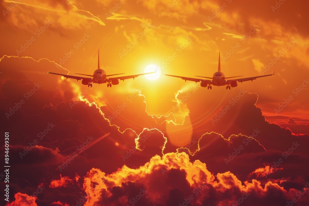 Naklejka premium Two Airplanes Flying into a Vibrant Sunset