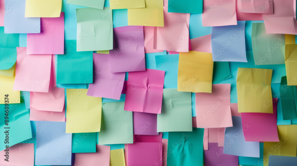 Pastel-colored sticky notes arranged on a wall, indicative of a brainstorming session or project planning. Pastel-colored sticky notes arranged on a wall, indicative of a brainstorming session or project planning.