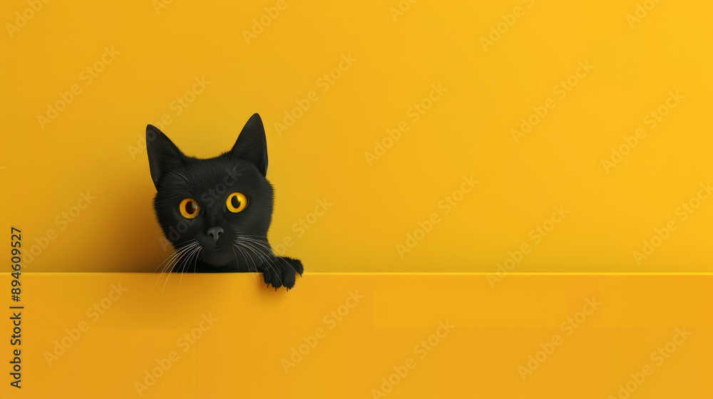 A black cat with striking yellow eyes peers over a yellow surface, creating a vivid and playful contrast. A black cat with striking yellow eyes peers over a yellow surface, creating a vivid and playful contrast.