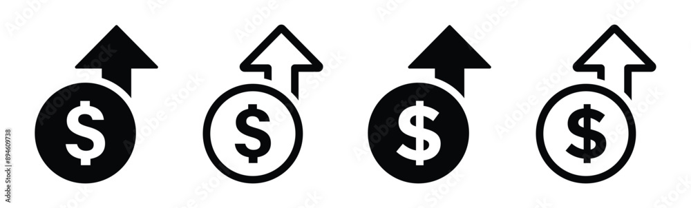 Dollar rate increase vector icon set. Rise cost vector illustration. Business money cash increase signs Dollar rate increase vector icon set. Rise cost vector illustration. Business money cash increase signs