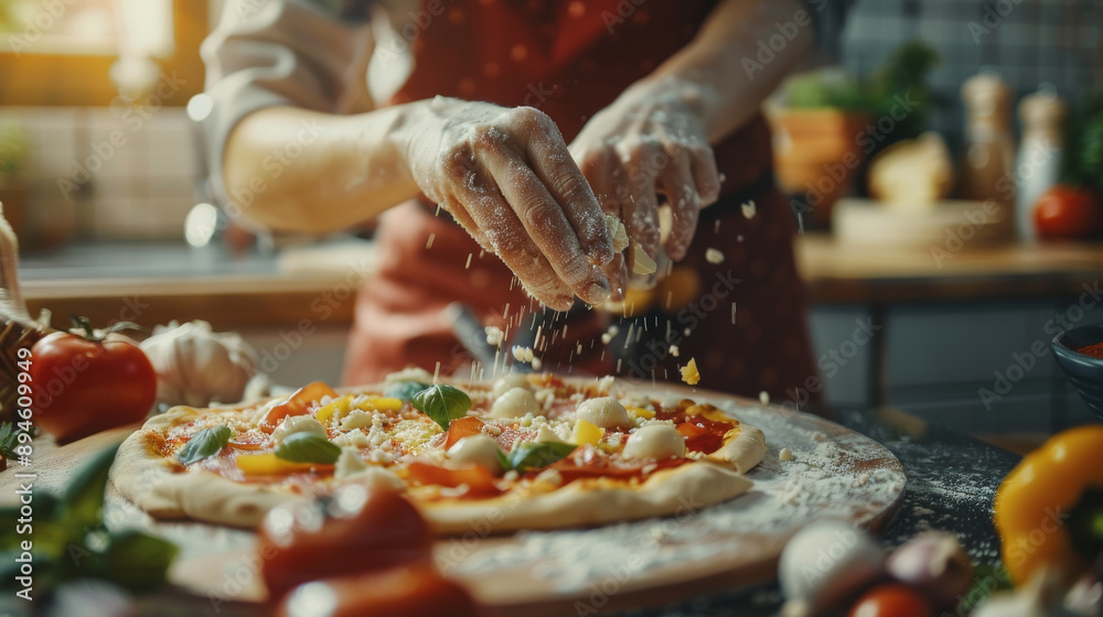 A culinary moment capturing flour-dusted hands skillfully preparing an artisanal pizza topped with fresh vegetables and cheese. A culinary moment capturing flour-dusted hands skillfully preparing an artisanal pizza topped with fresh vegetables and cheese.