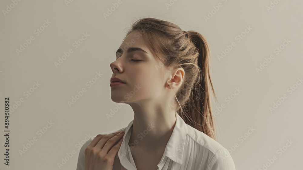 A woman poses with a composed expression, gently touching her neck, her ponytail draped over her shoulder, radiating calm and poise. A woman poses with a composed expression, gently touching her neck, her ponytail draped over her shoulder, radiating calm and poise.