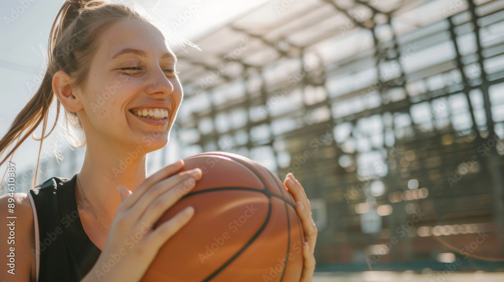 A cheerful young woman holds a basketball, enjoying outdoors under the bright sun, exuding happiness and energy.