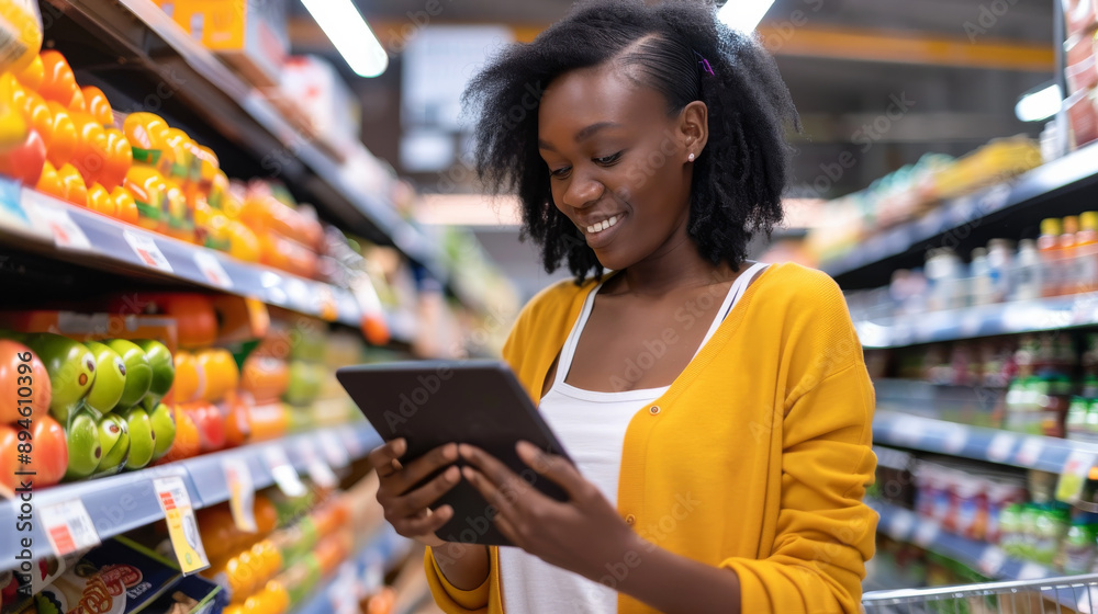 A woman in a grocery store aisle smiles while looking at her tablet, suggesting she is reviewing a shopping list or finding recipes. A woman in a grocery store aisle smiles while looking at her tablet, suggesting she is reviewing a shopping list or finding recipes.
