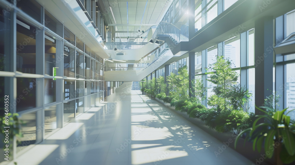 A contemporary office corridor, flooded with natural light, features lush green plants lining the glass windows, adding a touch of nature to the modern interior. A contemporary office corridor, flooded with natural light, features lush green plants lining the glass windows, adding a touch of nature to the modern interior.