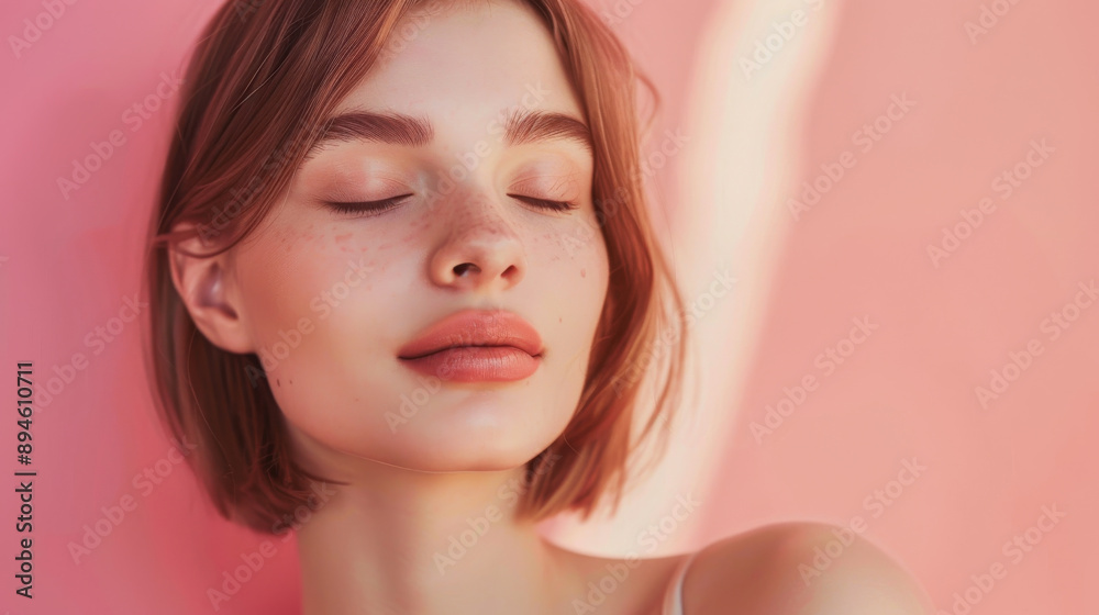 A serene image of a woman with closed eyes and a relaxed expression against a soft pink background, capturing a moment of calm. A serene image of a woman with closed eyes and a relaxed expression against a soft pink background, capturing a moment of calm.