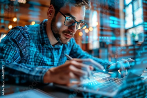 Beautiful businessman with a well groomed beard wearing eyeglasses filling out an online survey on a holographic laptop at a futuristic desk.