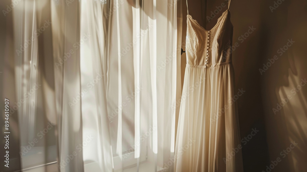 Soft window light gently illuminates a delicate white dress hanging beside sheer curtains, casting romantic shadows on the wall. Soft window light gently illuminates a delicate white dress hanging beside sheer curtains, casting romantic shadows on the wall.