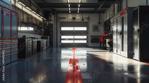 A spacious, tidy, and well-organized garage workshop bathed in natural light, showcasing tools and equipment in perfect order.