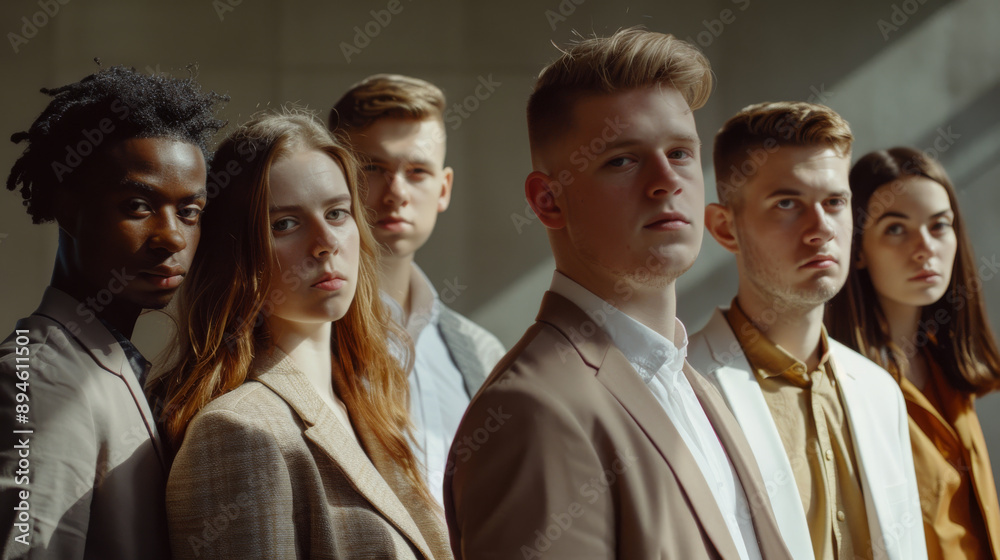 Seven individuals in business attire stand together, lit by dramatic light, conveying professionalism and determination. Seven individuals in business attire stand together, lit by dramatic light, conveying professionalism and determination.