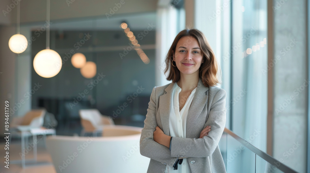Professional woman in a light-colored blazer standing confidently in a well-lit office space with large windows. Professional woman in a light-colored blazer standing confidently in a well-lit office space with large windows.