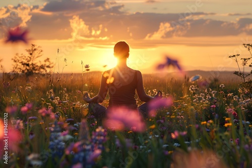 Person meditating in a peaceful meadow at sunset, surrounded by wildflowers and bathed in soft, warm light