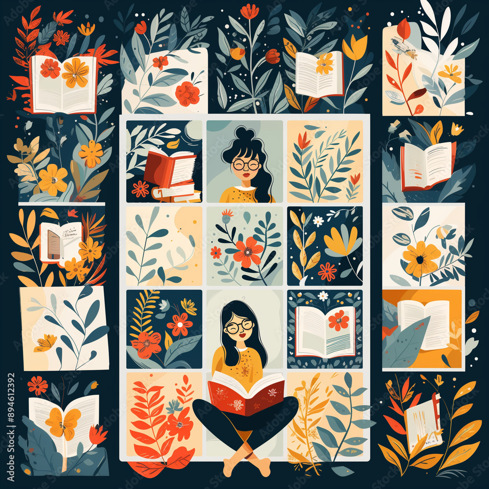 Obraz premium A woman is reading a book in a garden. The book is open to a page with a flower on it. The woman is wearing glasses and is sitting on the ground. The garden is filled with various flowers and plants