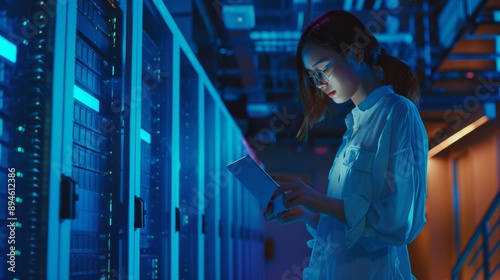 A young woman in a white lab coat examines a tablet in a blue-illuminated server room, symbolizing precision and high-tech environment.